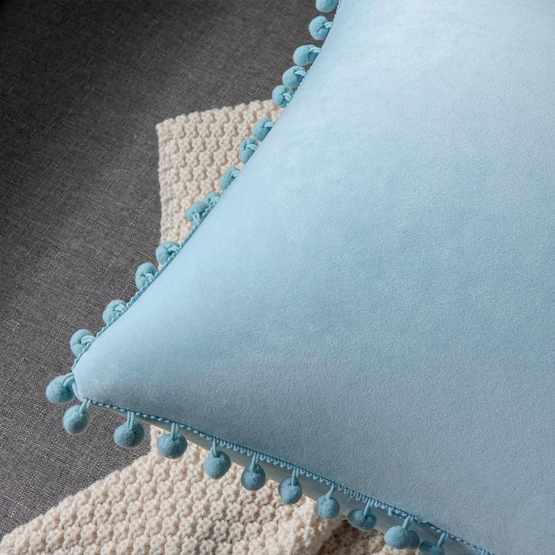 DEZENE Throw Pillow Cases 18x18 Light-Blue: 2 Pack Cozy Soft Pom-poms Velvet Square Decorative Pillow Covers for Farmhouse Home Decor - Image 3